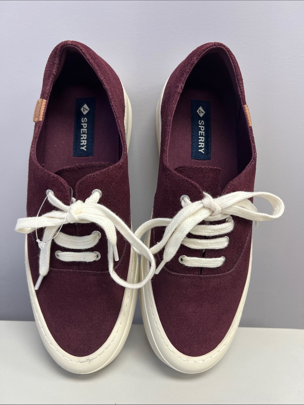 Sperry Wine Suede Low-Top Sneakers with Cream Laces
